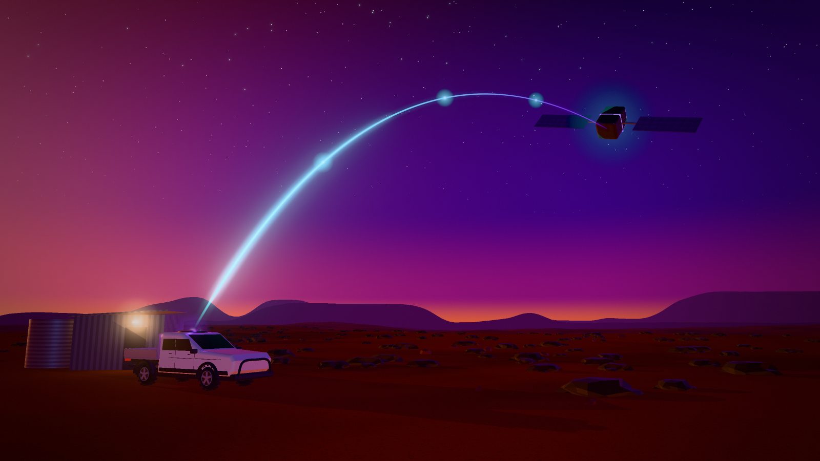 At dusk, a link rises from the work vehicle at a remote pump station to a satellite overhead